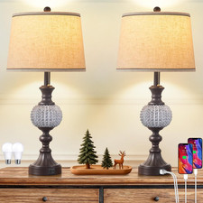 Farmhouse Table Lamps Set of 2 with USB Ports  Crystal Accent - 28" Rustic