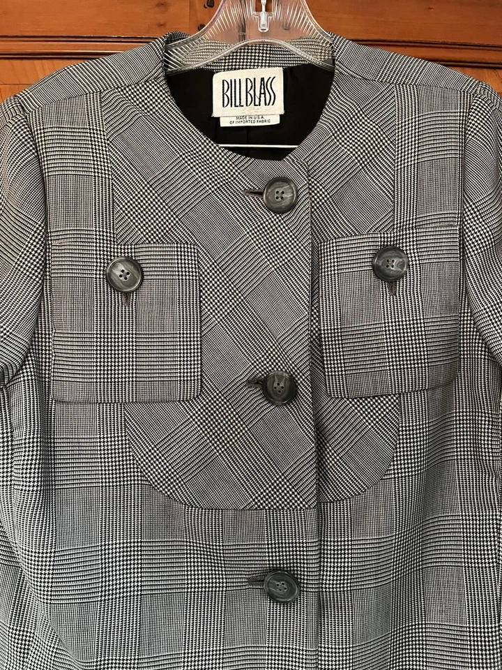 Vintage Bill Blass Size 14 Wool Gabardine Blk Wht Houndstooth Plaid Skirt Suit - Image 4 of 4