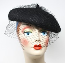 Black Wool Felt Beret w Veil Netting Church Party Retro Style Hat - Hey Viv