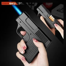 Unusual Jet Torch Lighter: Pistol Style, Built-in Cigarette Case (Holds 10PCS).