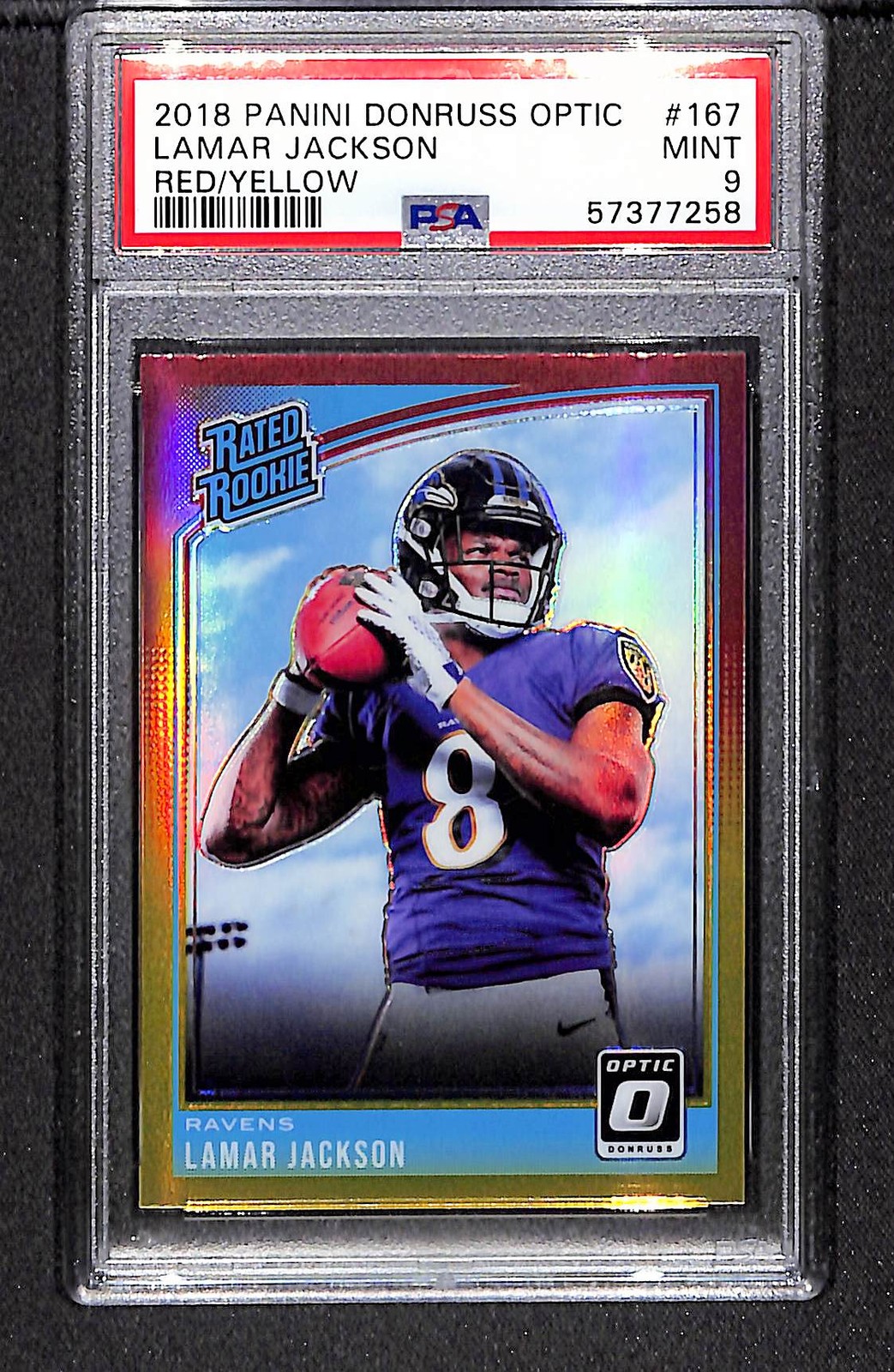 Lamar Jackson 2018 Donruss Optic Red and Yellow #167 PSA 9