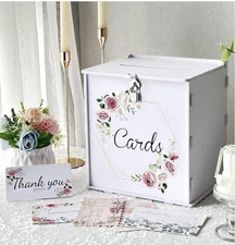NIB WHITE WEDDING SHOWER PARTY MONEY ENVELOPE CARD BOX PINK ROSES W’ LOCK & KEY