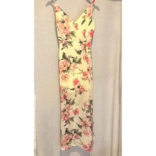 Floral Maxi Dress Cream Pink XS Adjustable Straps High Slit wedding guest