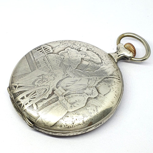 Antique Silver Pocket Watch With Special Lids Horse Motif- 1140
