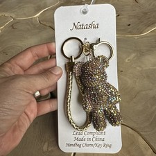 Natasha Gold Iridescent Rhinestone Teddy Bear Key Chain  Bag Charm Bling