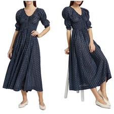 Doen Ischia Smocked Midi Dress Navy Paisley Bouquet XS