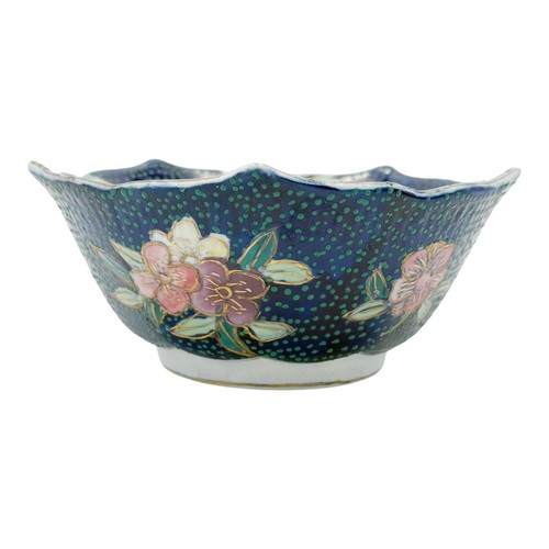 Blue Porcelain Asian Hex Bowl Pink Flowers Gold Trim Cloisonne 6" The Great Wall - Picture 10 of 19