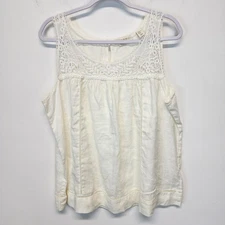 Cynthia Rowley Linen Lace Tank Top Size XL Ivory Pleated Round Neck Flowy Boho