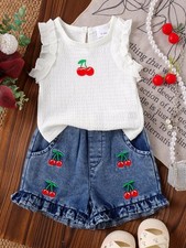 Cherry Embroidered Top and Denim Shorts Set