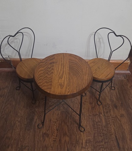 Vintage Wrought Iron Ice Cream Parlor Table and 3 Heart-Back Chairs Wood Tops