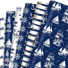 12 Sheets Nautical Gift Wrapping Paper 6 Design with Sailing Anchor Ropes Fish S