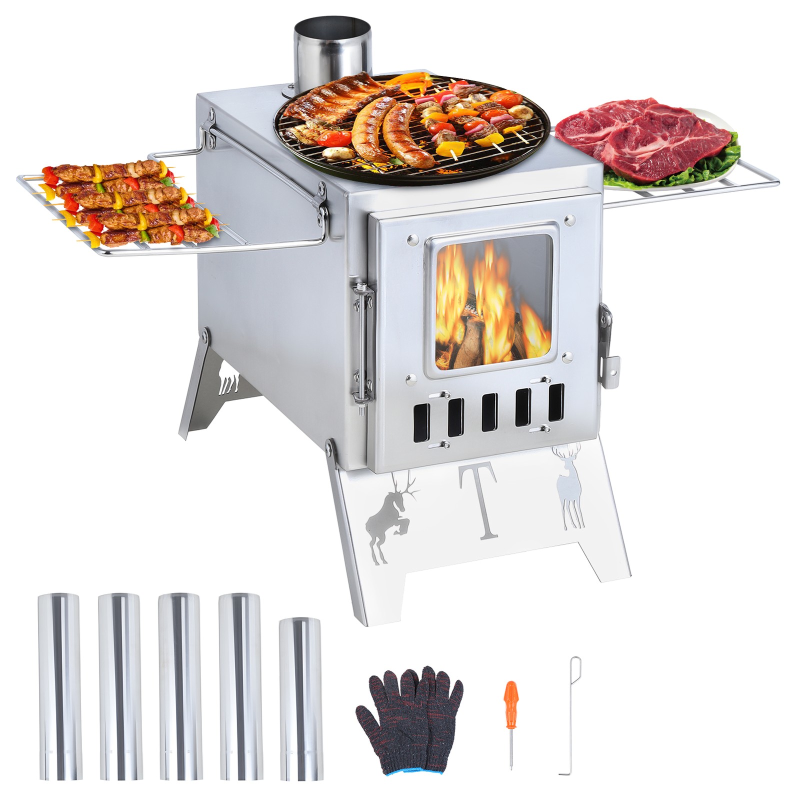 Camping Stove Wood Burning Stove Cooking Hot Tent Stove w/5 
