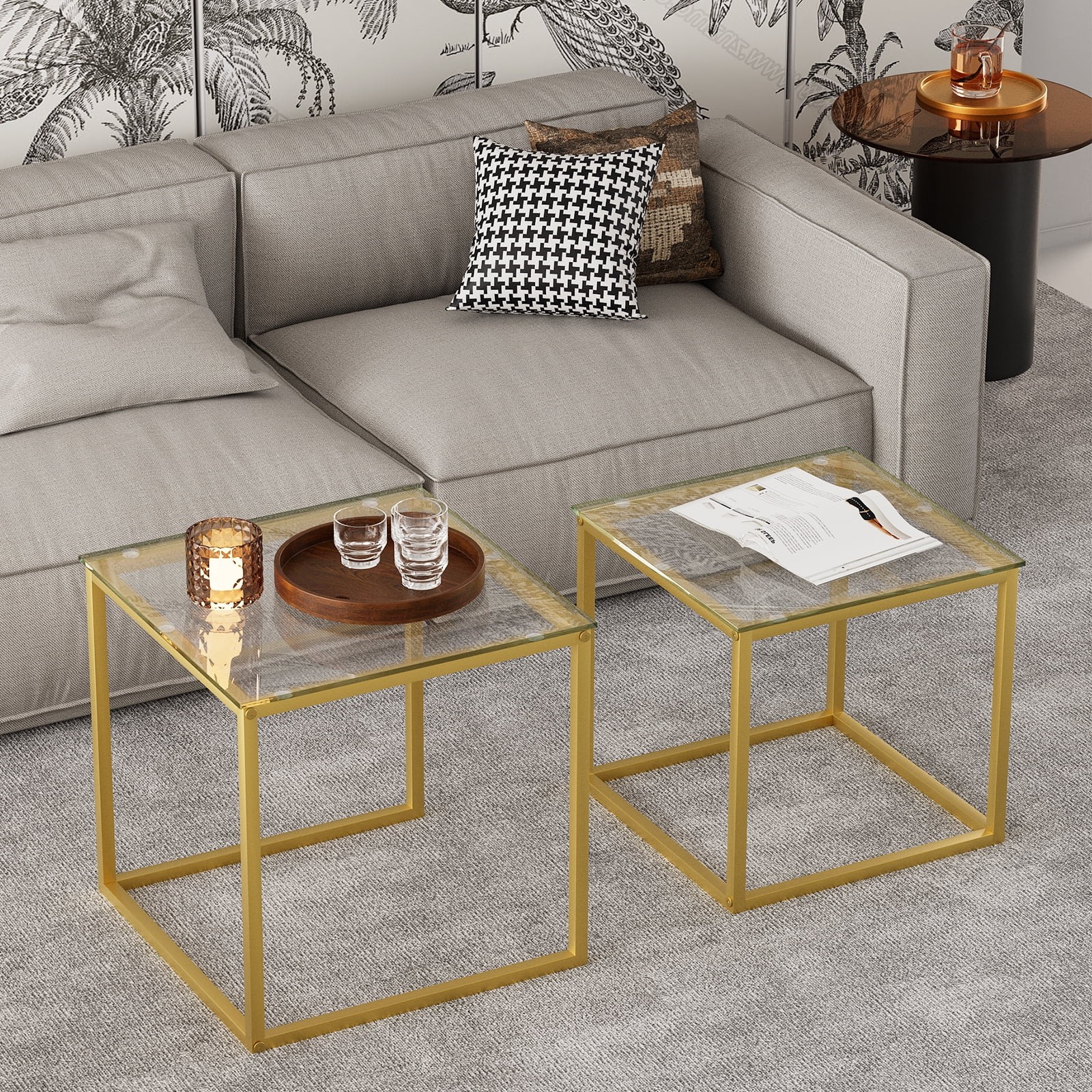 Set De 2 Mesas Centro Cristal y Metal Frame Dorado 2 Mesitas Para Sala En Oferta