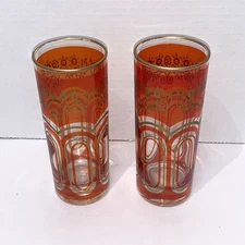 2 Moorish Alhambra Moroccan Glass Tumblers 10 oz Orange Gold Filigree