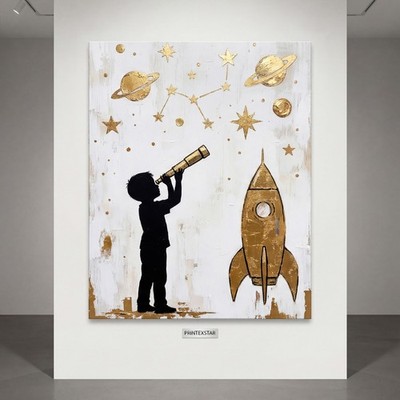 Banksy-Kind mit Rakete Gold-Schwarz Kuns, Pop Art Leinwand, Acrylglas Wandbild