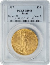 1907 $20 Gold Saint Gaudens MS63 PCGS 950456-1