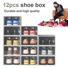 6/12x White Plastic Shoe Storage Boxes Drawer Stackable Foldable Durable Organis