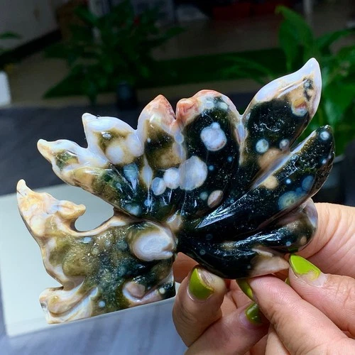 202G Natural Ocean Jasper Agate Crystal Nine Tailed Fox Hand Carving
