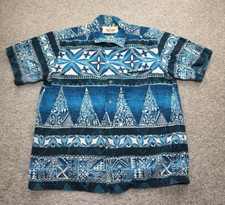 VTG 60s Kamehameha Hawaiian Shirt L Blue Floral Bark Cloth Loop Collar Abstract
