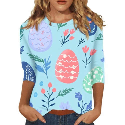 3/4 Sleeve Top Women's T-shirt Casual Easter Print Top T-shirt Crew-neck Jumper - Picture 3 of 57