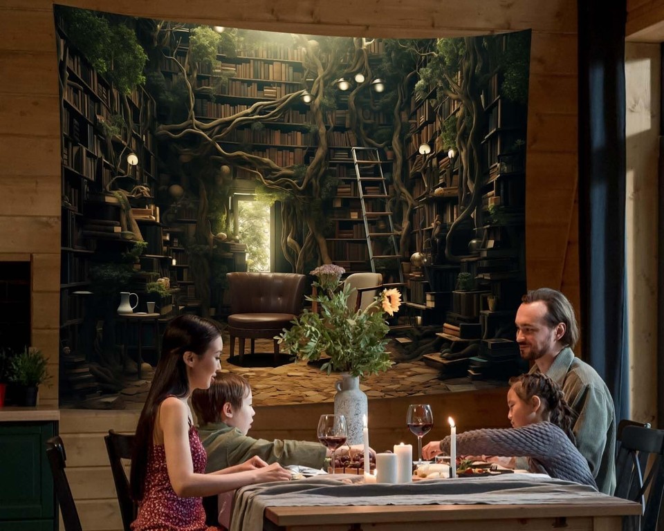 LB Wandteppich Verzaubertes Bücherregal - 235x180cm Baum Bibliothek Wandbehang Für Wohnzimmer