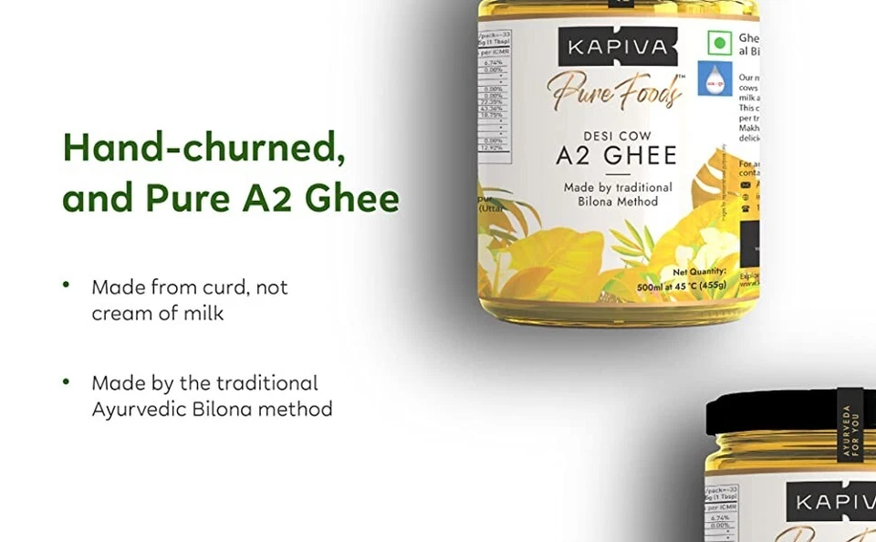 Kapiva A2 Bilona Cow Ghee Pure Desi Ghee 500 ML Glass Jar For Sauteing Organic - Image 2 of 2