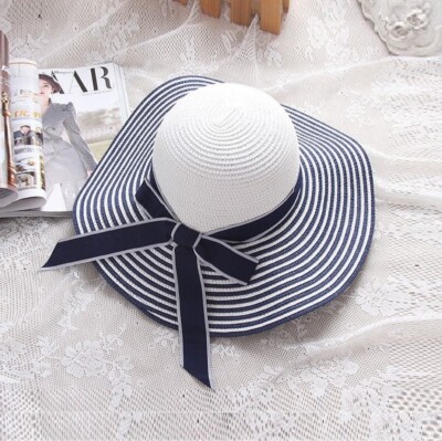 Blue & White Striped Bowknot Summer Sun Wind Hat Women Straw  display picture 1