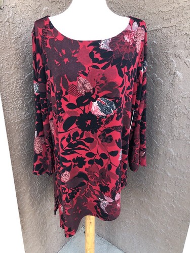 NWT 2-pc Chico's Travelers Enamel Red Black Fire Blooms Top No Tummy Pant 3 = XL - Picture 3 of 5