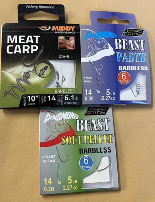 NEU Middy Meat Dinsmores Pellet Paste ohne Widerhaken Haken zu Nylon Größe 14 Rigs 3er-Packung