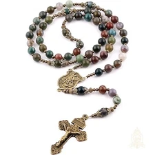 Catholic Town India Agate Natural Stone Beads, Rosary with Caps St Michael medal
