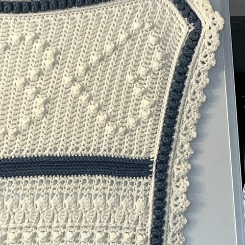 Vintage Crochet Afghan Blanket White Blue 75x60" Throw Lodge Cabin Holiday - Picture 3 of 21