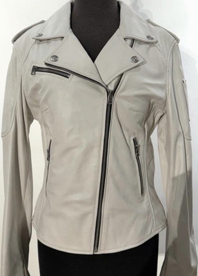 Moose Knuckles Ivory Leather Biker Jacket Women's L Zip Pockets Epaulette Logo