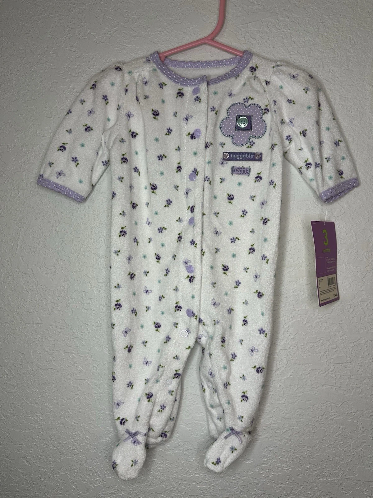 Baby Girl New Carter's Vintage Terry Cloth Flowers Purple Footsie 3M Y2K