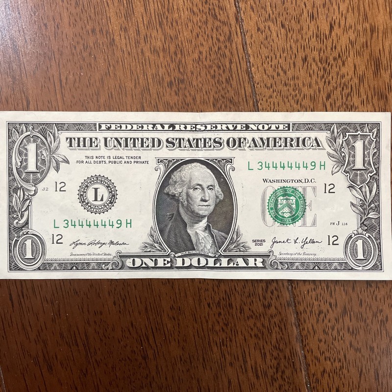 Fancy Serials Numbers “TRINARY” 444444 $1 2021 L(34444449)H