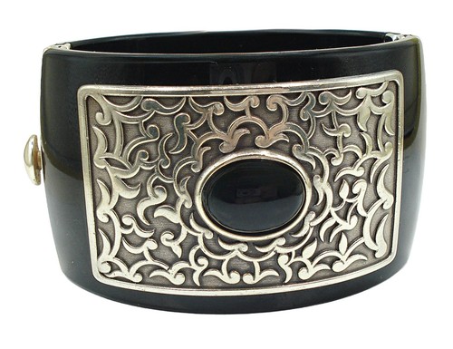 VINTAGE Chunky Lucite Clamper Bracelet Thick Black Ornate Accent 7" X 1 3/4"