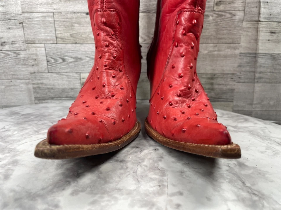 Walda Western 靴子女式 7.5 M 鞋红色皮革鸵鸟印花尖头 — 第 4/4 张图片