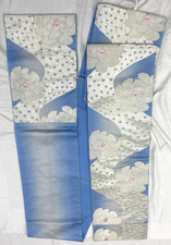 Japanese Vintage Kimono Fukuro Obi Silk Blue Traditional Embroidery 163 x 11 in