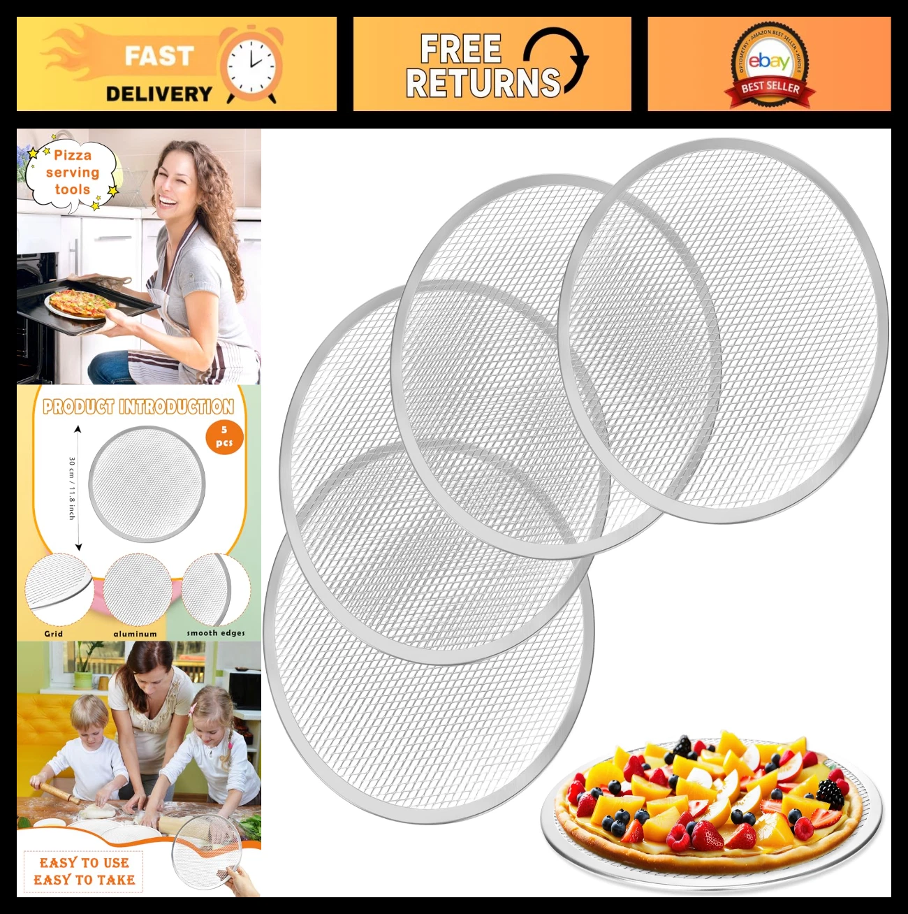 12" Pizza Screen Set of 5 - Aluminum Baking Tray, Seamless Mesh, Oven Safe, Dish