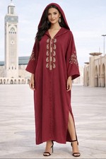 Moroccan Djellaba Hooded Satin Maxi Dress Embroidered Luxury Traditional Pink