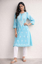 Sky Blue Handmade Chikankari Cotton Kurti with Palazzo Pants