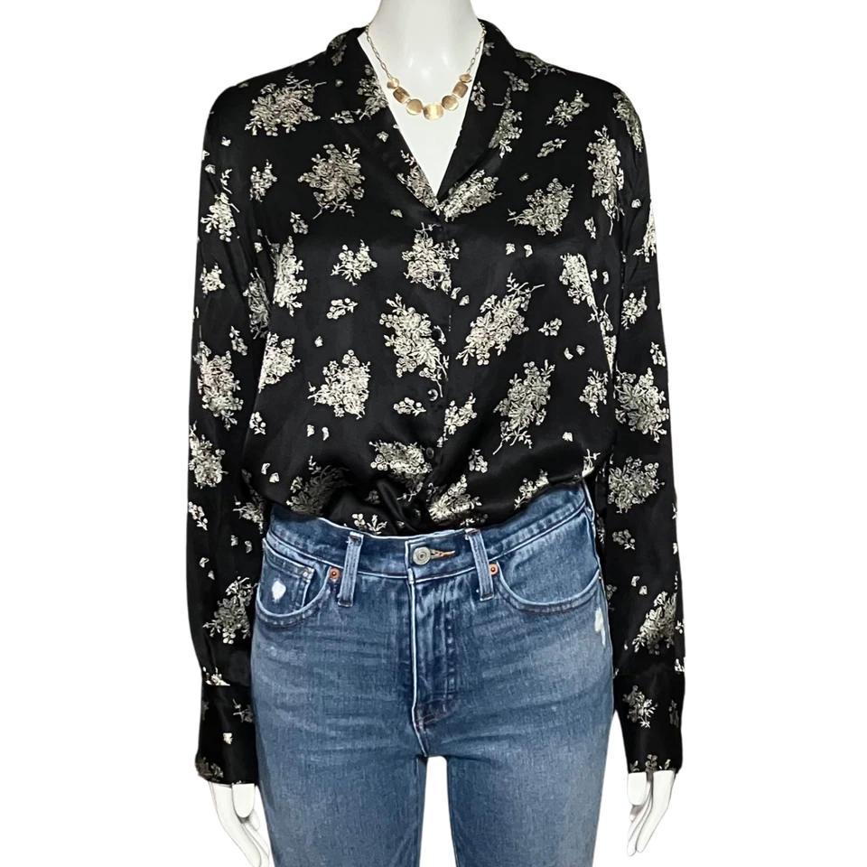 Blusa vintage Y2K 100 % seda negra dorada floral con botones. Mediano. Whimsigoth Foto 2 de 4