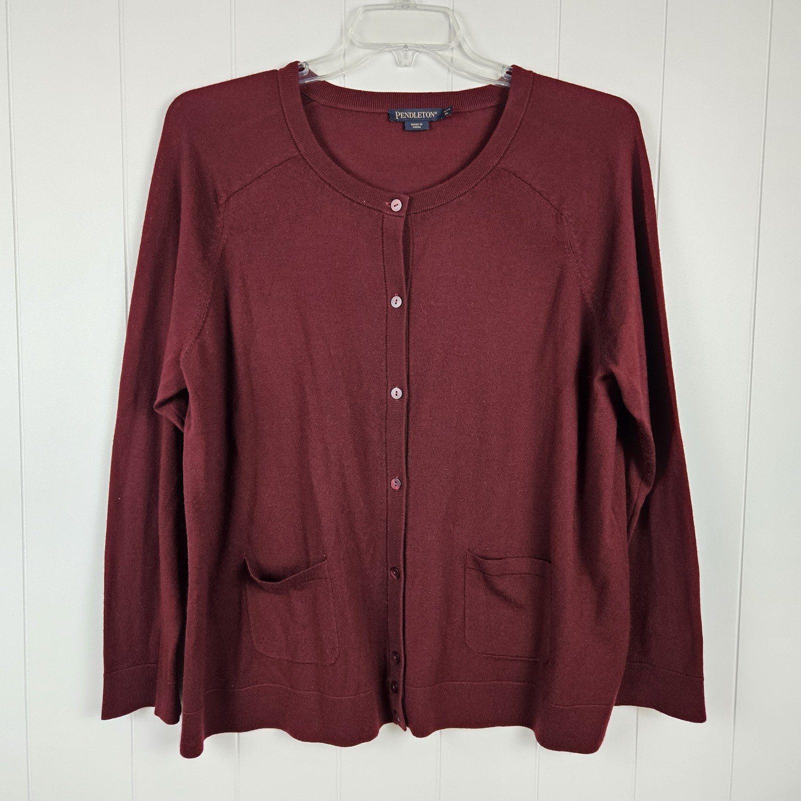 Flawed Pendleton Cardigan Wine Button Up Pockets XL Petite Red Merino Wool