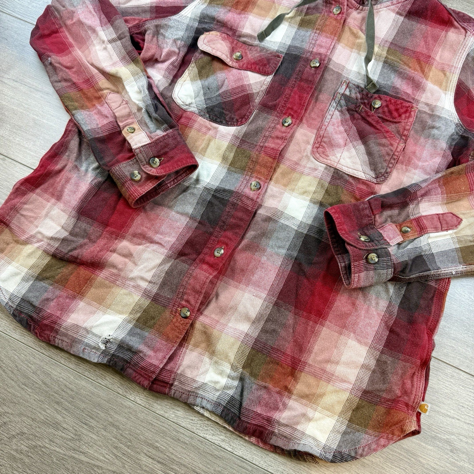 Carhartt Beartooth Hooded Flannel Shirt Button Up Women's Large Drawstring Cabin thumbnail 5