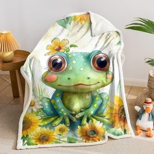 Cartoon Frog Blanket for Boys Girls,Sunflower Fleece Sherpa Blanket,Cute Frog...