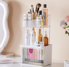 Delamu 3-Tier Makeup Organizer with Drawers  6-Grid Top Pink Vanity Storage