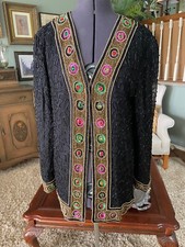 Vintage 80's Sweelo Black Beaded Silk Cardigan 12 - 14 XL