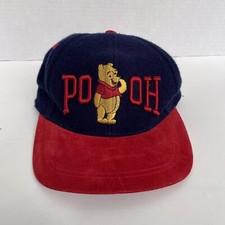 VTG 90s Winnie The Pooh Embroidered Blue Red Wool Leather Strap Adjustable Cap