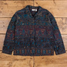 Vintage Chico's Denim Jacket M Applique Embroidered Geometric Multicoloured