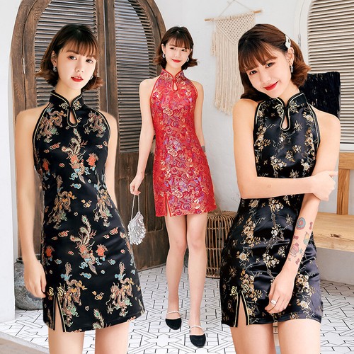 Traditionelles chinesisches Sommer Cheongsam Damen Satin Minikleid Ball Qipao S-2XL - Bild 1 von 11