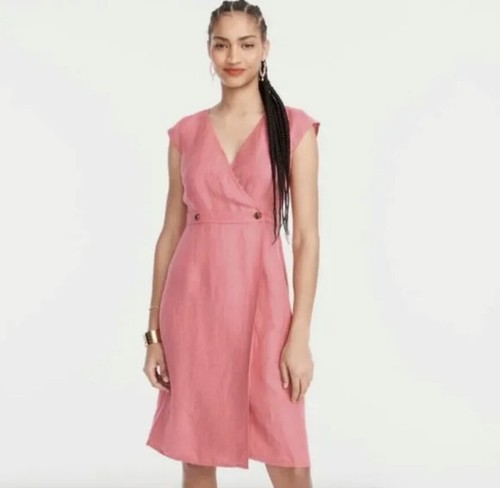 J. Crew Pink Linen Cupro Sheath Faux Wrap Midi Dress Size 10 Preppy Buttons N74